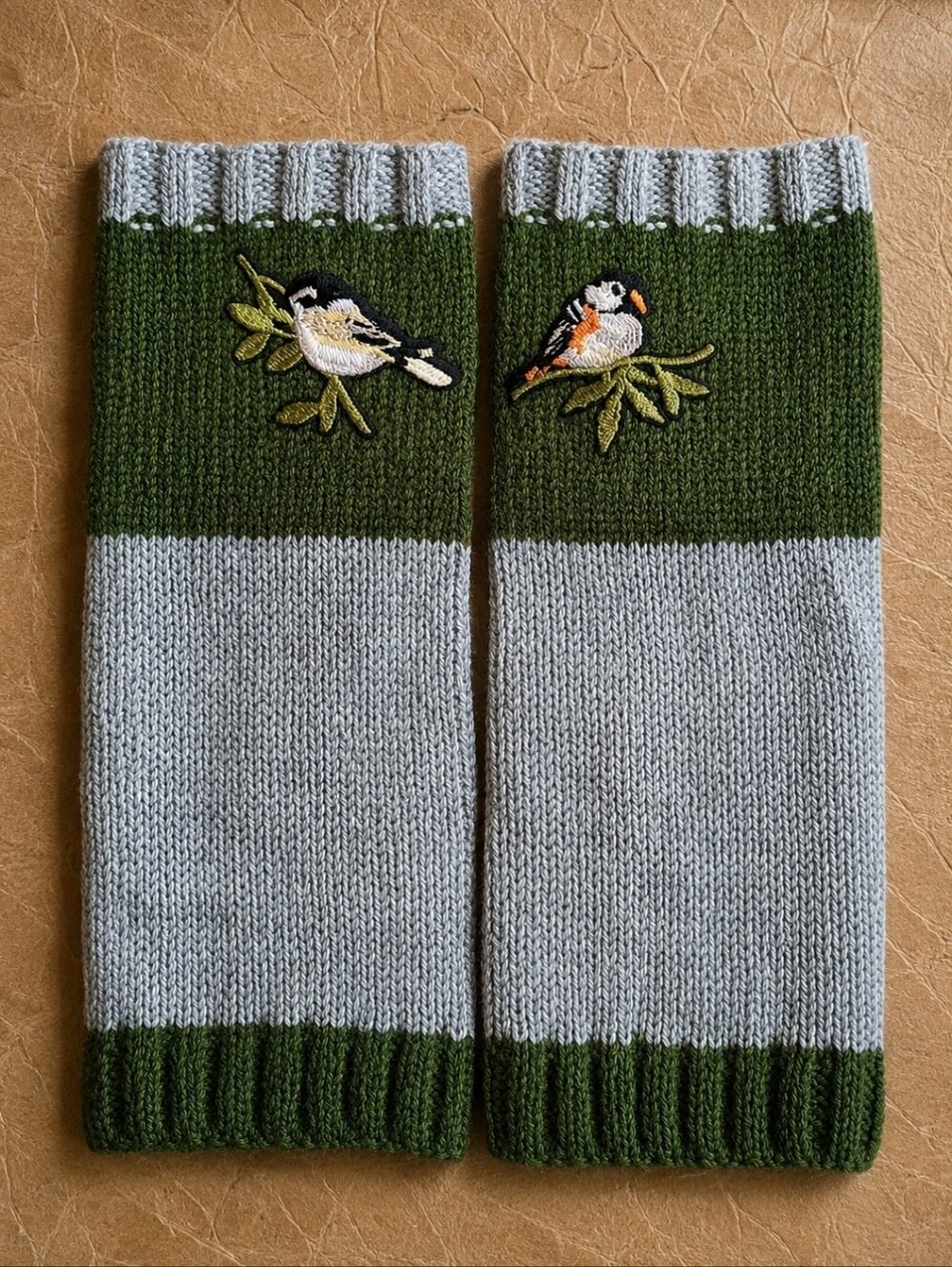 Fingerless Warm Gloves Thumb Holes Olive Green Gray Embroidered Birds Mittens